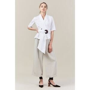 New Isa Arfen Poplin Double Button Pleated Robe Top With Sash $565 Sz 4 White